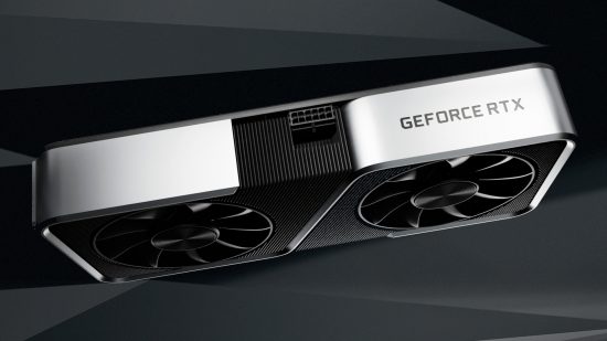 RTX 4000: Nvidia RTX GPU on grey geometric backdrop