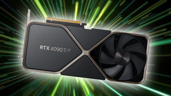 RTX 4000 Ti: Nvidia RTX 4000 GPU with Ti text next to logo and Project Beyond backdrop