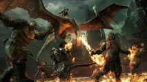 October free games from Prime Gaming: Talion rides a fire-breathing drake that's setting several screaming Uruks alight, with a dark Mordor fortress in the background