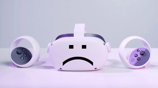 An Oculus Quest 2 VR headset (centre) with a sad face on its chassis, surroudned by its controllers (left and right)