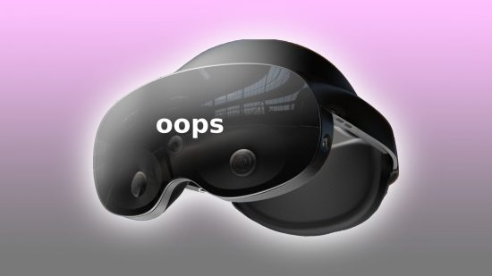 Render of Oculus Quest 2 successor Project Cambria with purple and grey backdrop and words "oops" on front