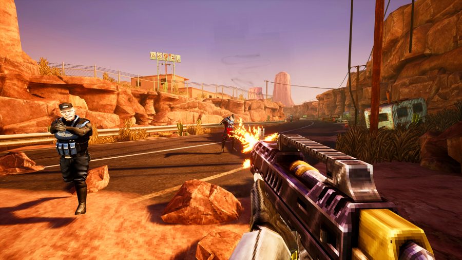 Phantom Fury - first-person view of shooting human soldiers along a desert road