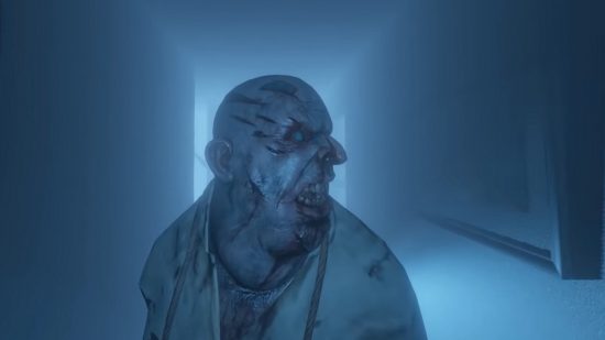 Phasmophobia roadmap: A man with cracked skin and white-filmed eyes looks sideways in a foggy hallway