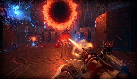 Prodeus release date: A fiery portal opens over an arena deep in the bowels of a spaceship as a player fires a minigun at several demonic enemies