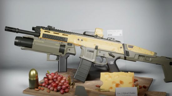 Project Slingshot alpha sign-up: An assault carbine, accented with a cheese pattern, sits on a cutting board with grapes and a wedge of Swiss cheese labelled 'Gen. 2 Hybrid Cheddar'