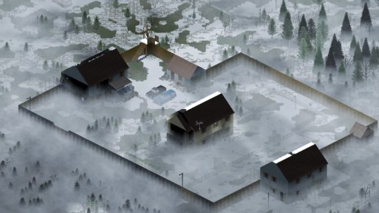 Project Zomboid build 42 map expansion: Three houses are ringed by a defensive fence, fog covers the ground