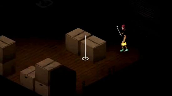 Project Zomboid update 42 basements: A lone figure holding a large flashlight and a pole cautiously moves through a basement filled with large cardboard boxes