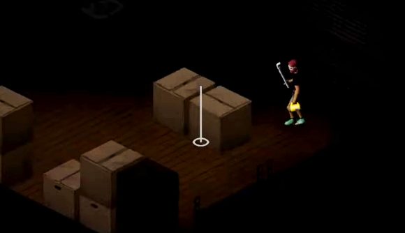 Project Zomboid update 42 basements: A lone figure holding a large flashlight and a pole cautiously moves through a basement filled with large cardboard boxes