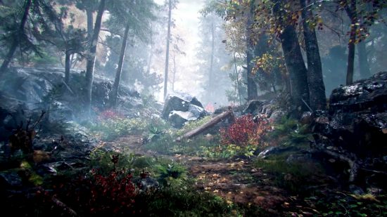 PlayerUnknown's Prologue Sandbox Game: A rock in the middle of the forest, lit by lightning from the passing storm