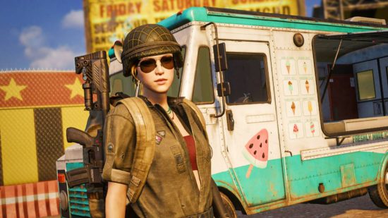 PUBG 19.2 changes animations and weather, and launches McLaren collab: a soldier from PUBG stands in front of the Deston food wagon