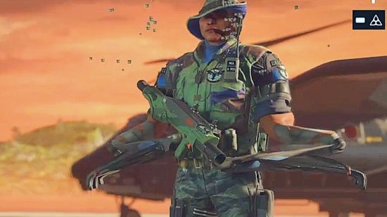 Rainbow Six Siege patch Y7S3.1: Operator Grim appears with arms bizarrely stretched and bent at odd angles, with his boonie hat askew, in the Rainbow Six Siege main menu
