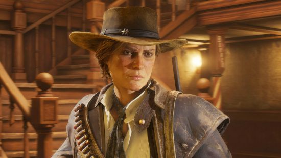 Red Dead Redemption 2 MOD agrega equipo en línea Red Dead No-Bug a la campaña: Sadie de Red Dead Redemption 2 se enfrenta a Cleet y Joe en un bar