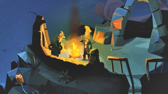 Return to Monkey Island difficulty mode: Guybrush is talking to the Lookout on top of a mountain in Melee Island. A roaring fire is blazing nearby, and an owl roosts on the cliff face.