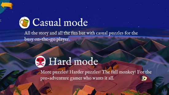 Return to Monkey Island difficulty mode: the screen showing both of the difficulty settings, with casual on top and hard mode on the bottom.