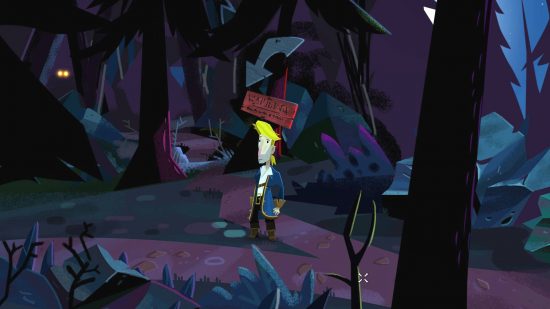 Return to Monkey Island forest map: Guybrush is standing at the edge of the forest with a sign showing the entrance.