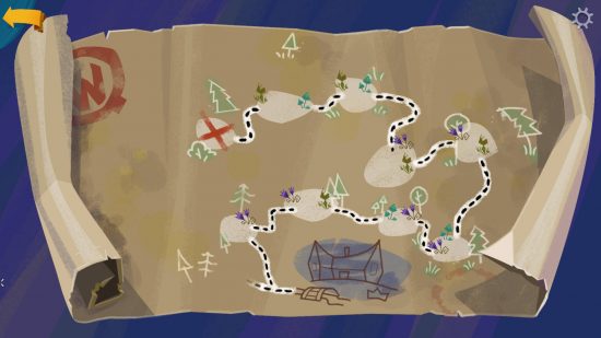 Return to Monkey Island forest map: one example of the many directions you can see in the forest map. There are icons for different plants at the beginning and end of each dotted line.