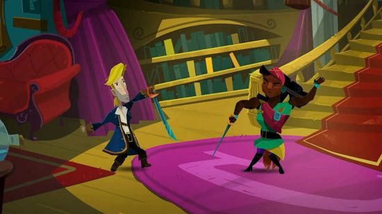 Return to Monkey Island reviews shock Lucasfilm Games: A 2D cartoon of a white swashbuckler with blond hair fencing a black female pirate inside a ship