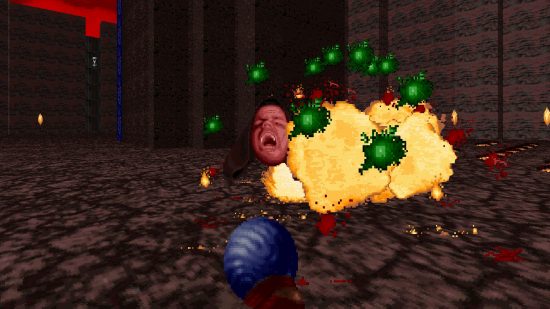 Rise of the Triad: Ludicrous Edition: the red-faced El Oscuro is defeated in a pixelated mass of explosions and green energy orbs, with a magic staff held in the foreground by the player