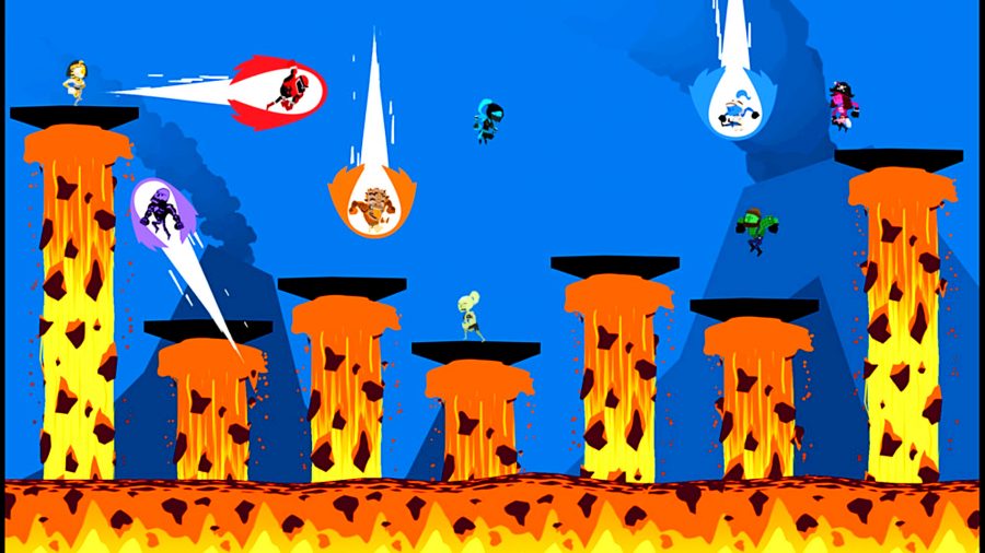 Runbow - several players race across platforms sitting atop pillars of lava