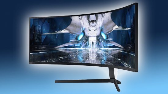 Samsung Odyssey Neo G9 gaming monitor on blue and navy backdrop