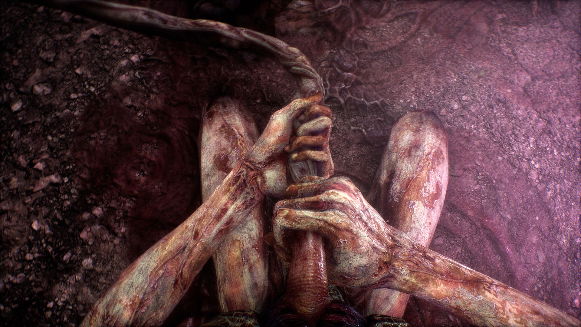 Scorn might be a great alien game: a fleshy humanoid pulling an umbilical cord out of their stomach