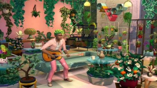 The Sims 4 art: A man of color is playing guitar in a room full of plants