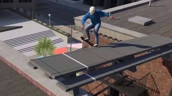 skate 4 release date: a man wearing blue jeans and a blue hoodie grinds a bench across two building rooftops