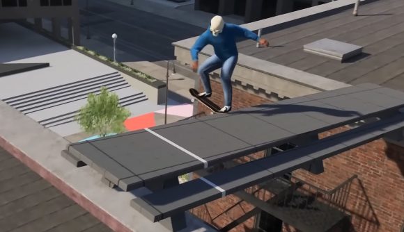 skate 4 release date: a man wearing blue jeans and a blue hoodie grinds a bench across two building rooftops