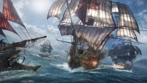 Skull & Bones is delayed, reportedly over concerns of shallow gameplay: Two ships circle each other in a rough ocean