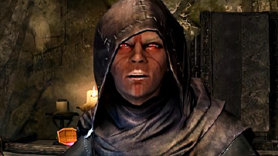 Skyrim mod Hemomancy: Blood Magic - a mysterious figure in a black hooded robe, their eyes glowing slightly red as they stare at you