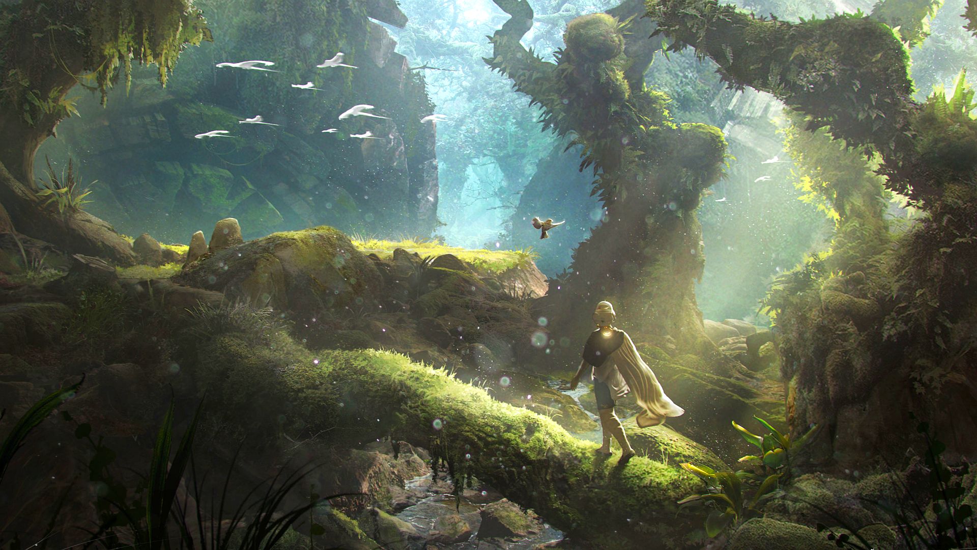 Soulframe art: Soulframe's protagonist walks along a moss-covered fallen tree trunk in a lush forest, marvelling a large tree to their right as shafts of light pierce the canopy. The sparrow that accompanies the player character in the cinematic trailer orbits their head serenely.