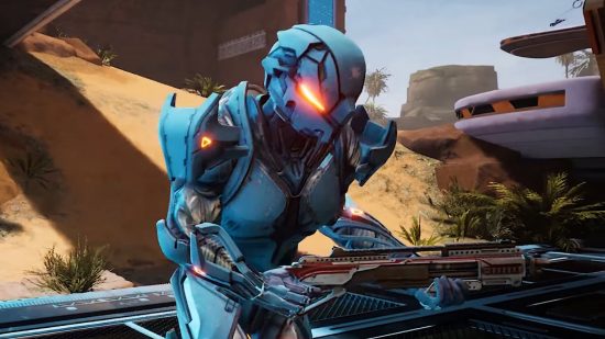 New Splitgate game: A space warrior in blue armor stands hunched over in a desert environment