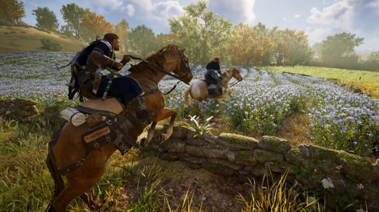 Ubisoft games on Stadia PC transfer: Eivor and a friend ride horses across a sunlit English field covered in flowers