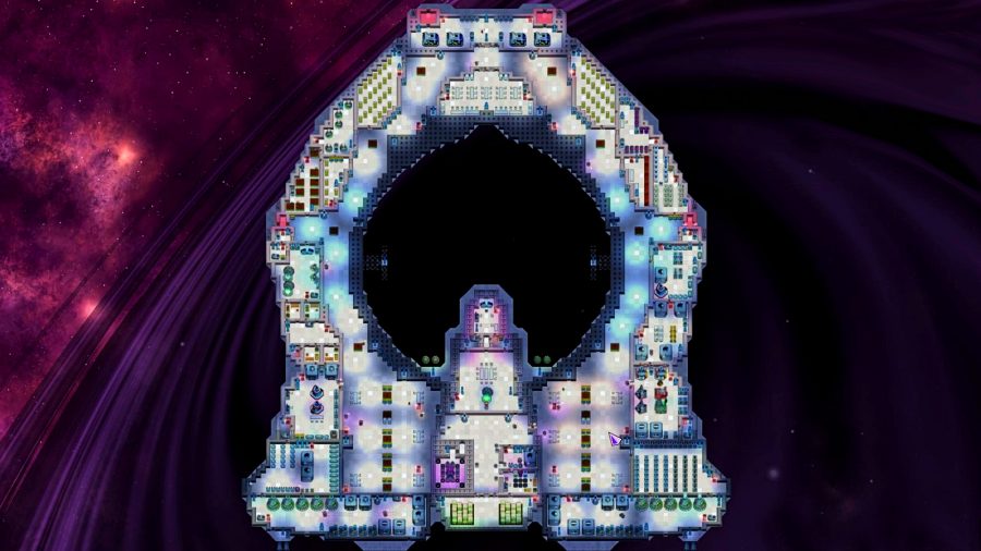 Stardeus - top-down view of a donut-shaped space ship showing all the various room layouts