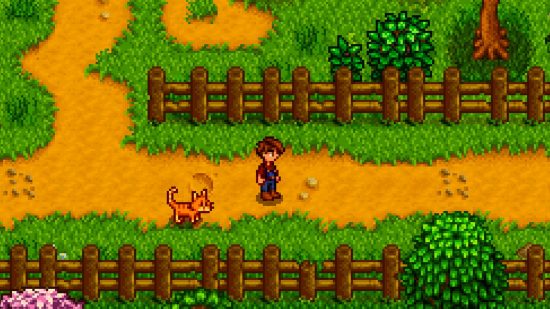 Stardew Valley mod: A man in red and a cat walk along a dirt path in a forest