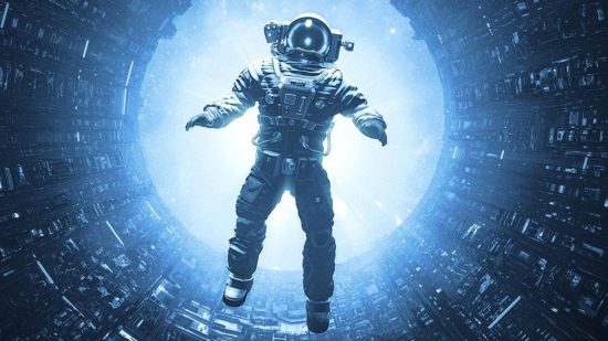 Starfield event could reveal more information about the Bethesda RPG: An astronaut in space looking down at the camera while floating upwards into a circular light
