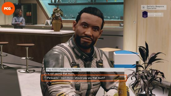 A ballistic weapon specialist dialogue option shows on the screen, including an option to persuade them to take a lower payment, using the Starfield Persuasion system.