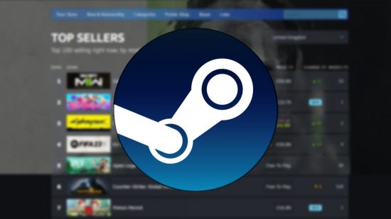 Steam charts - new Valve charts showing Steam best sellers, gently blurred with the Steam logo centred at the front of the image