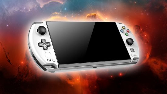 Steam Deck competitor: GPD Win 4 handheld gaming PC on AMD space backdrop