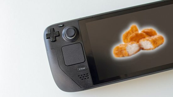 Finally, a Steam Deck accessory for all your nugget needs: A Steam Deck on a white background with McDonald's chicken nuggets on the screen