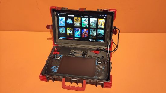 Steam Deck case with built in screen on orange backdrop