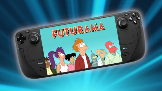 A Steam Deck displaying Futrama's title and characters on its display, against the show's trademark blue hue background