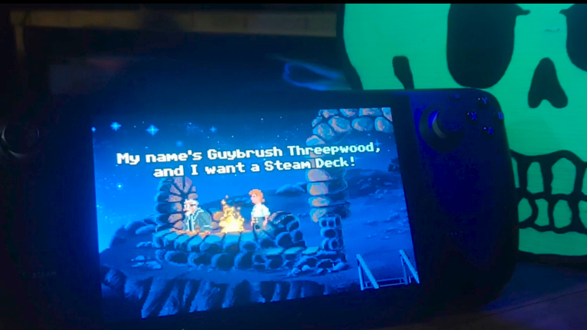 Steam Deck with Secret of Monkey Island on screen and text that reads "My name is Guybrush Threepwood and I want a Steam Deck!"