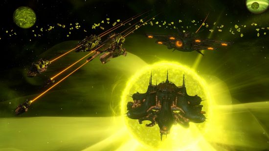 Stellaris Toxoids species pack: Massive capital ships with sickly orange glowing in their engines float around a nauseatingly green star