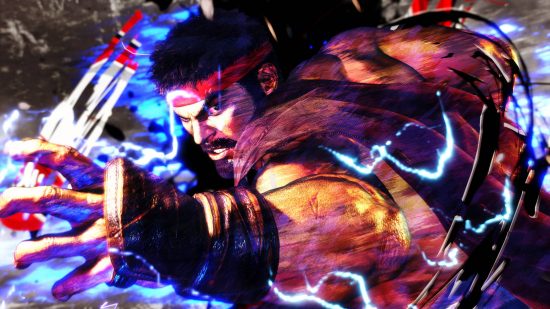 Street Fighter 6 beta: Ryu is charging up an attack with his fists. He has a beard and wears a red bandana.