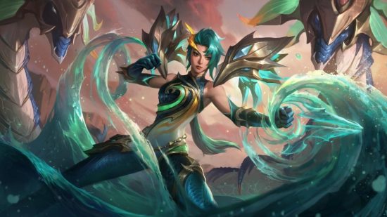 TFT Patch 12.18: Kai'Sa summons water to swirl around her fists as a twin-headed dragon emerges behind her from the waves