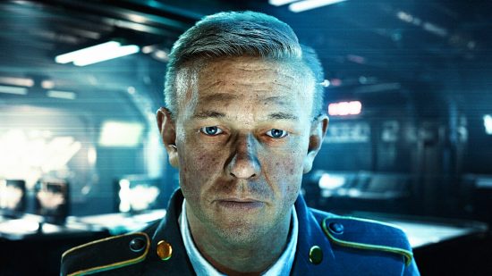 Tempest Rising - a military man with short, sideswept grey hair and a blue uniform stands in an operations room