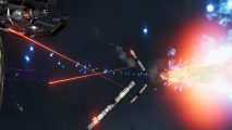Space strategy game Terra Invicta early access launch: Multiple ships engaged in a battle near a crater-pocked moon, with explosions rocking a battleship on the right