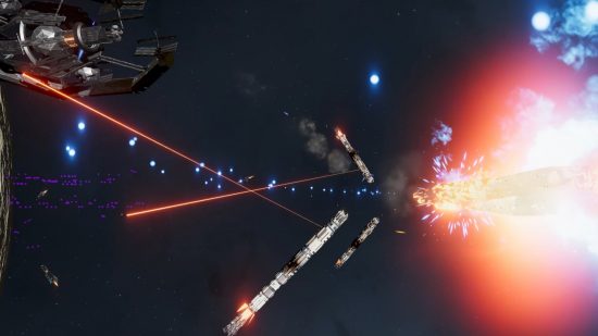 Space strategy game Terra Invicta early access launch: Multiple ships engaged in a battle near a crater-pocked moon, with explosions rocking a battleship on the right