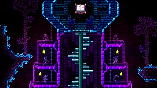 Terraria 1.4.4 update - a structure featuring purple and cyan glowing moss bricks, a new building item with a neon look